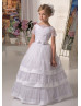 Short Sleeves White Lace Tulle Floor Length Flower Girl Dress